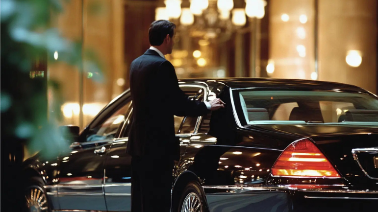 Professional chauffeur opening a luxury black sedan for a guest at a premium event venue in Dubai.