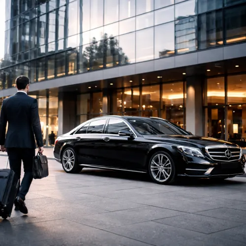 Business traveler with luggage approaching executive car outside modern office building in Abu Dhabi
