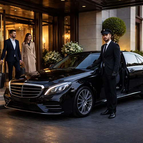 Hotel pickup service with uniformed driver assisting guests beside luxury car in Abu Dhabi