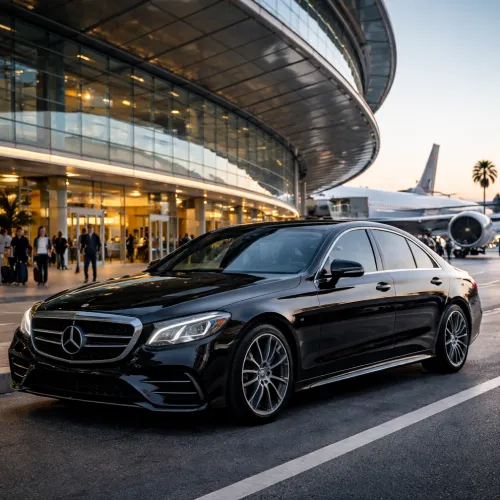 Luxury airport transfer car parked outside terminal with airplane in background in Abu Dhabi