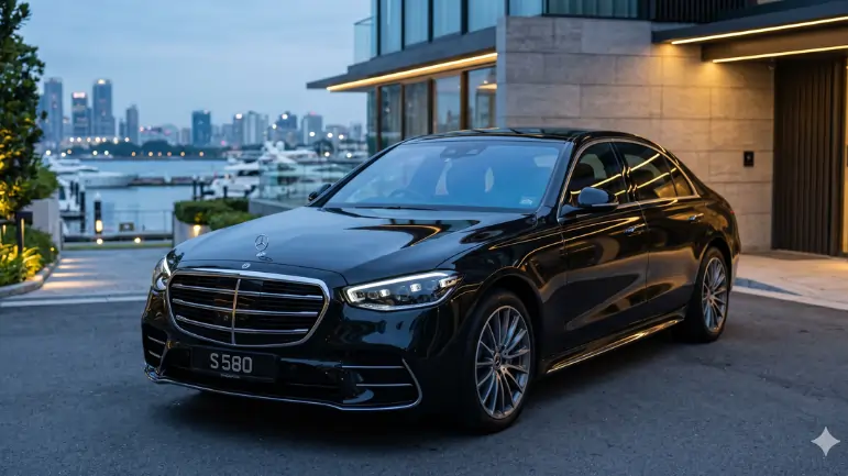 Black luxury sedan parked outside modern waterfront mansion with city skyline at dusk