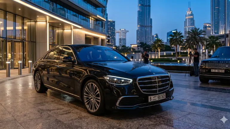 Luxury transportation vehicle in upscale urban setting