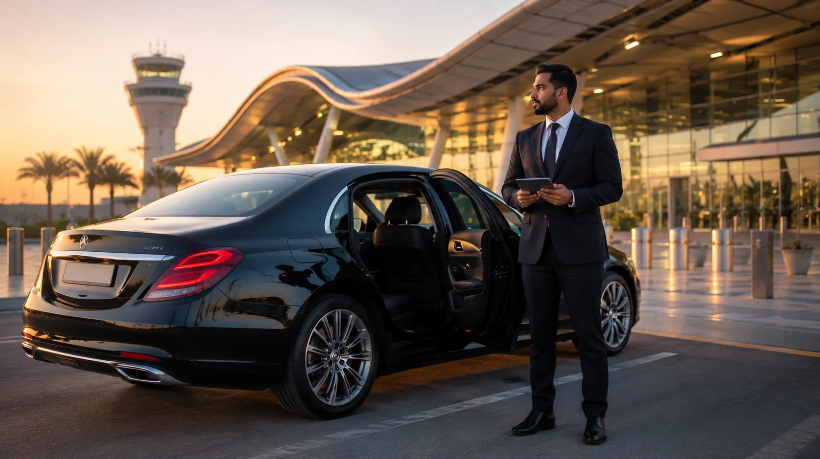 Chauffeur greeting a traveler beside a luxury car outside a UAE airport terminal