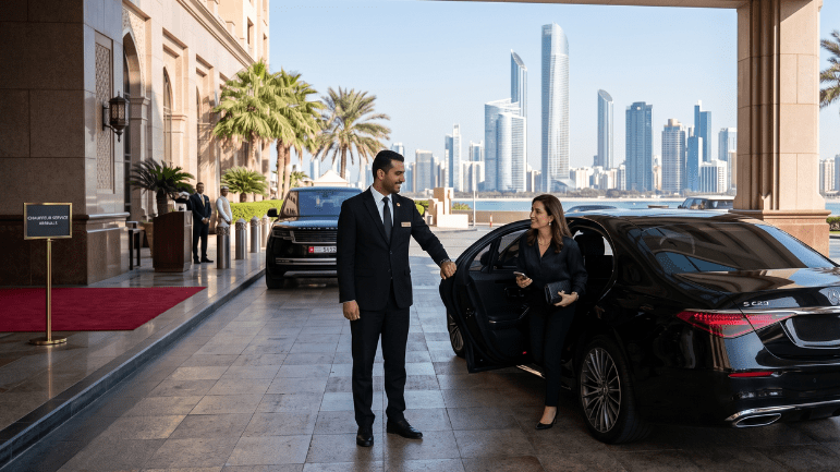 Professional chauffeur welcoming a passenger to a luxury Mercedes-Benz for hourly chauffeur service Abu Dhabi at a premium hotel.