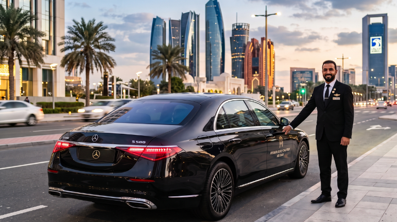 Luxury Mercedes S-Class providing hourly chauffeur service Abu Dhabi with a professional chauffeur in the city centre.