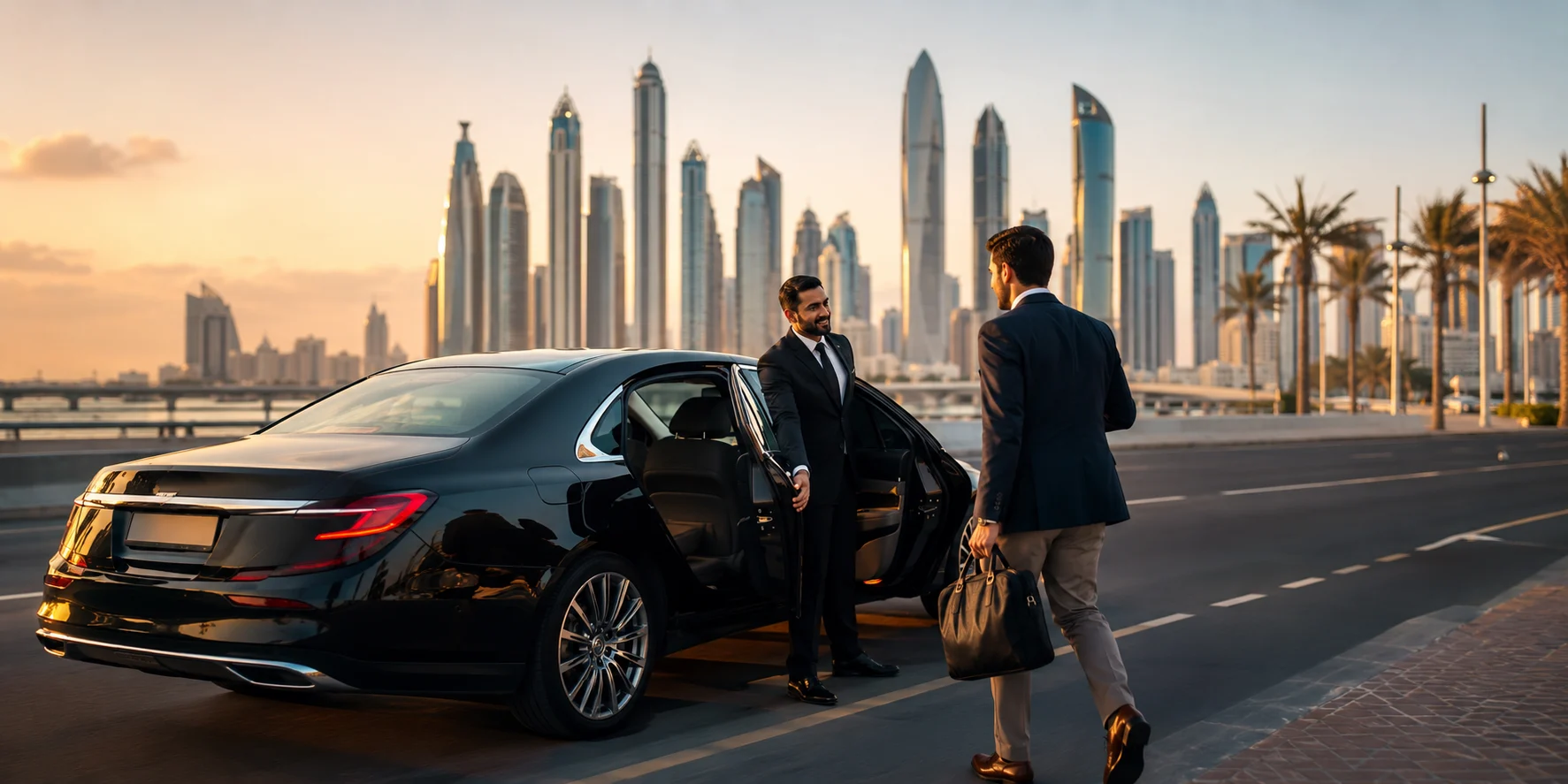 Black luxury chauffeur car driving on a UAE highway between Abu Dhabi and Dubai at sunset
