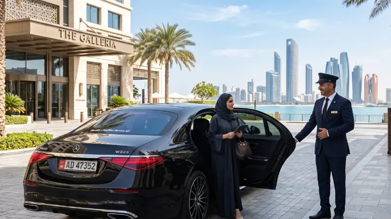 Luxury monthly chauffeur service Abu Dhabi with a professional chauffeur assisting a passenger beside a premium Mercedes-Benz sedan.