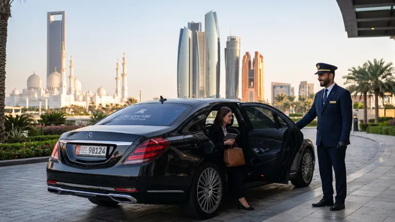 Professional monthly chauffeur service Abu Dhabi with a luxury sedan and uniformed chauffeur assisting a passenger outside a premium hotel.