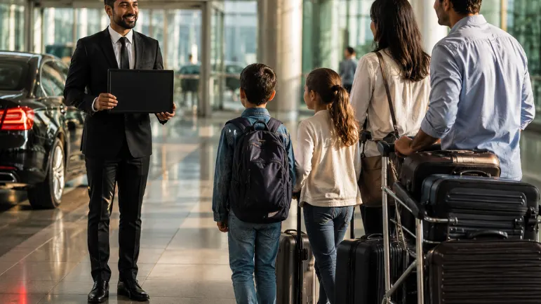 Professional chauffeur greeting a family with children and luggage at a modern airport arrivals hall for a luxury airport pick up Abu Dhabi service.