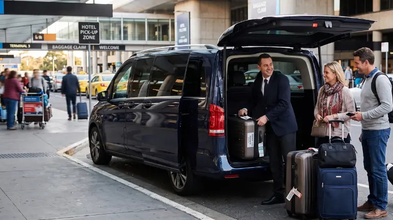 Hotel transfer Dubai service with professional chauffeur assisting passengers with luggage beside a luxury van at the airport.