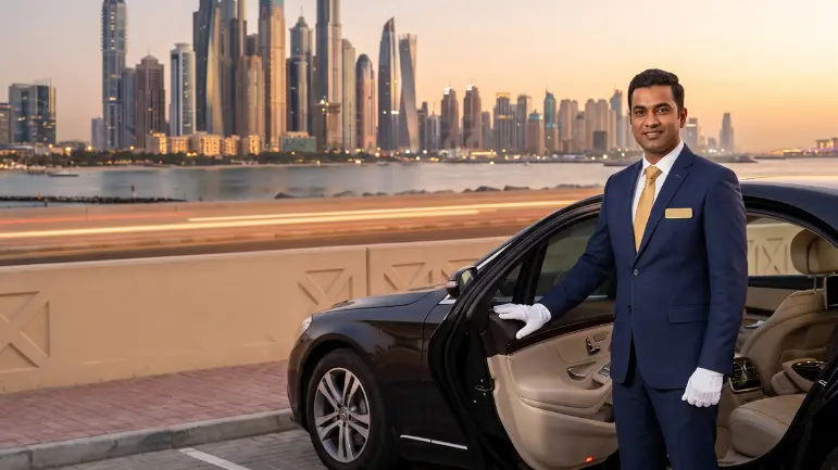 Personal Driver Dubai standing beside a luxury car with Dubai skyline in the background