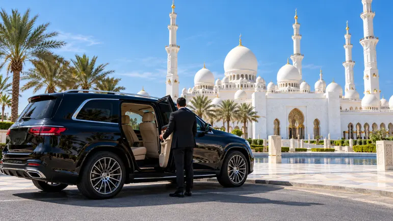Chauffeur car outside Sheikh Zayed Grand Mosque on an Abu Dhabi day trip in a Dubai itinerary