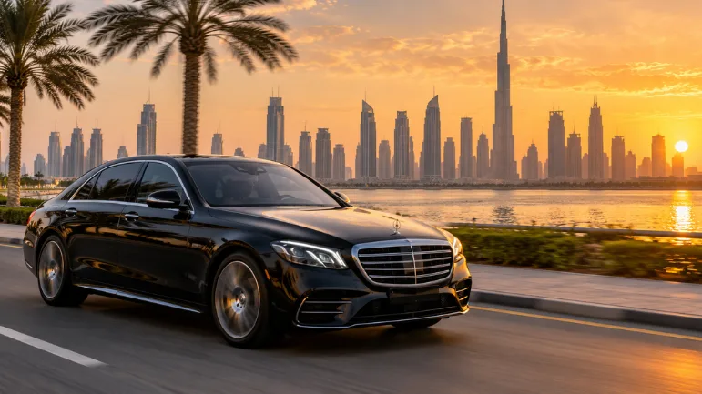 Chauffeur car on a Dubai waterfront road at sunset for a Dubai itinerary
