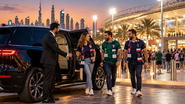 Chauffeur dropping rugby fans at the Dubai Rugby Sevens stadium entrance
