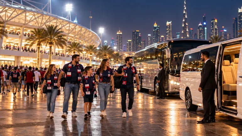 Group van and coach waiting for fans after a Dubai Rugby Sevens match