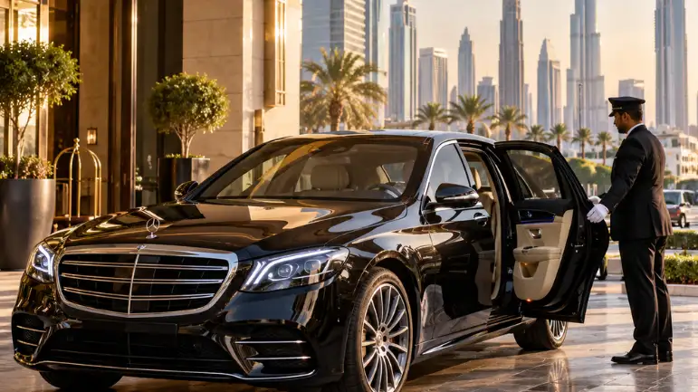 Dubai luxury chauffeur service with black Mercedes S-Class at a premium hotel entrance