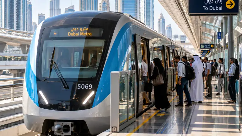 Dubai transportation featuring modern Dubai Metro train arriving at a sleek station platform