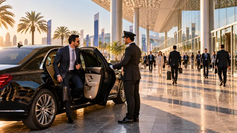 Delegate arriving by chauffeur car at the exhibition centre for ADIPEC 2026 Abu Dhabi