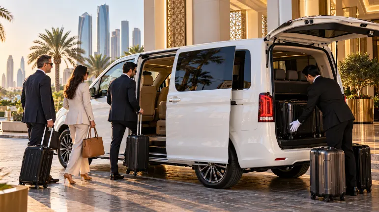 Delegation boarding a luxury van for group transport during ADIPEC 2026 Abu Dhabi