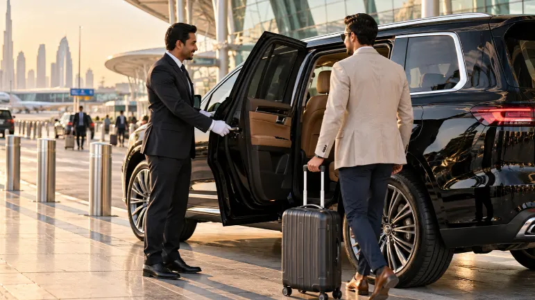 Private driver welcoming a traveller outside Dubai airport for a Dubai layover tour