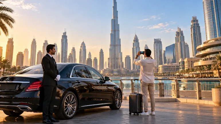 Luxury car at a Downtown Dubai viewpoint during Dubai stopover sightseeing with a private driver