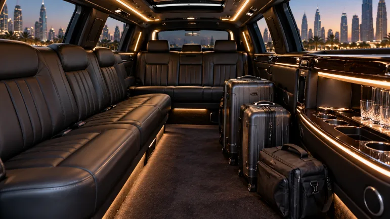 Side-facing seats and luggage in a stretch limousine service cabin showing real passenger capacity
