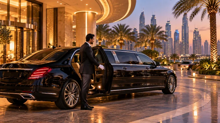Stretch limousine service featuring a long black luxury limousine parked outside an elegant Dubai hotel at dusk, with a professional chauffeur standing beside the vehicle, warm entrance lighting, palm trees, and the illuminated city skyline in the background.